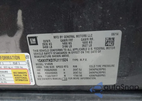 2015 GMC Acadia Denali z USA, uszkodzony, nr VIN 1GKKVTKD7FJ111924